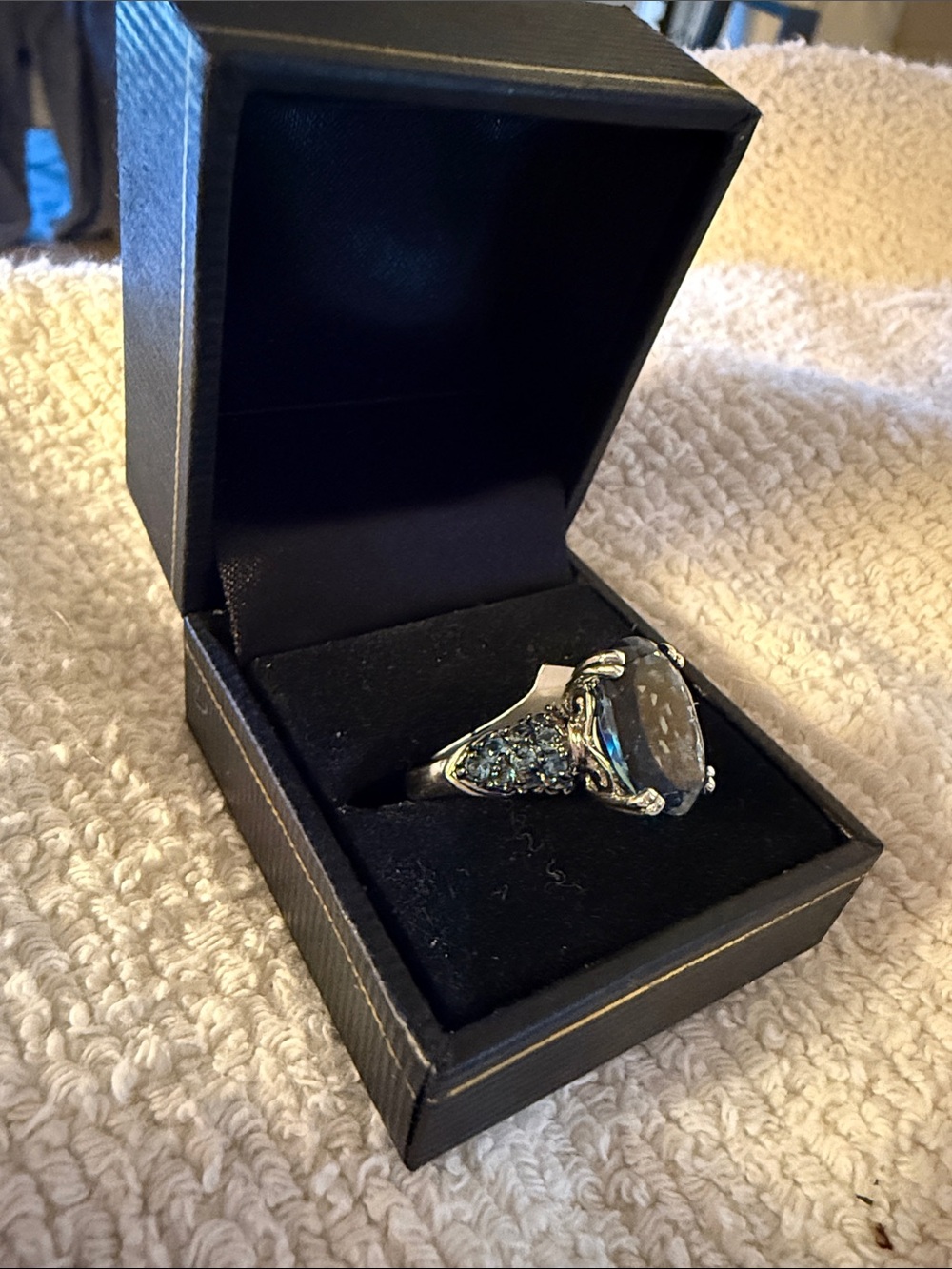 Silver Ring with Gray Center Stone and Blue Accent Stones
